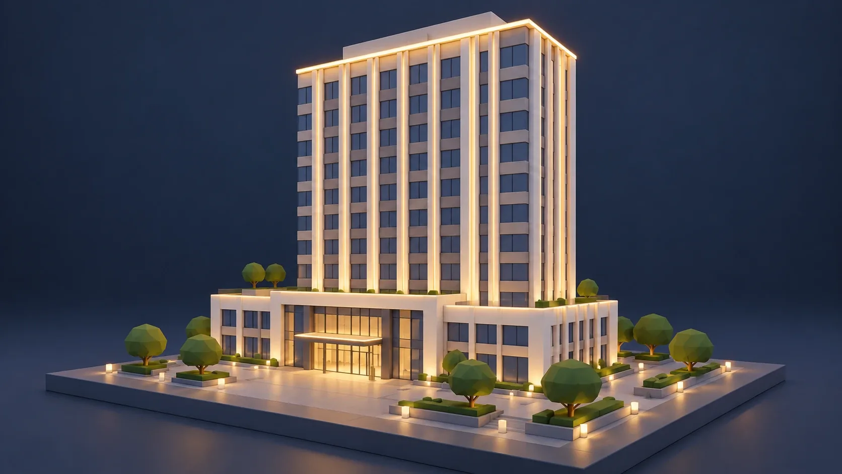 세로 라인 조명과 옥상 테두리, 출입구 조명을 적용한 고층 오피스 건물 3D 모델